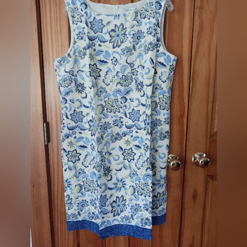 Coldwater Creek Blue And White Floral border print Shift Dress, NWT